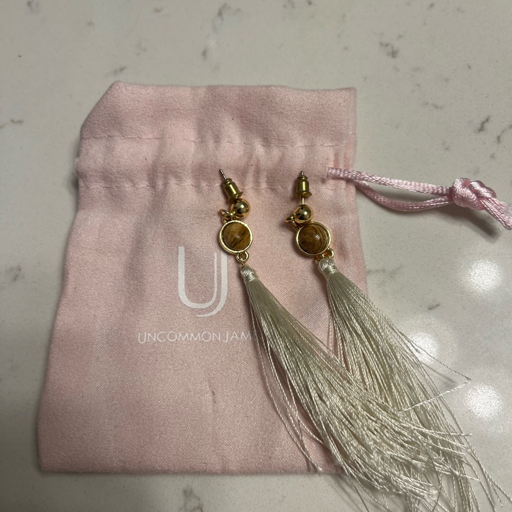 Uncommon James Tassel Drop Earrings - white fringe with Gold Accents